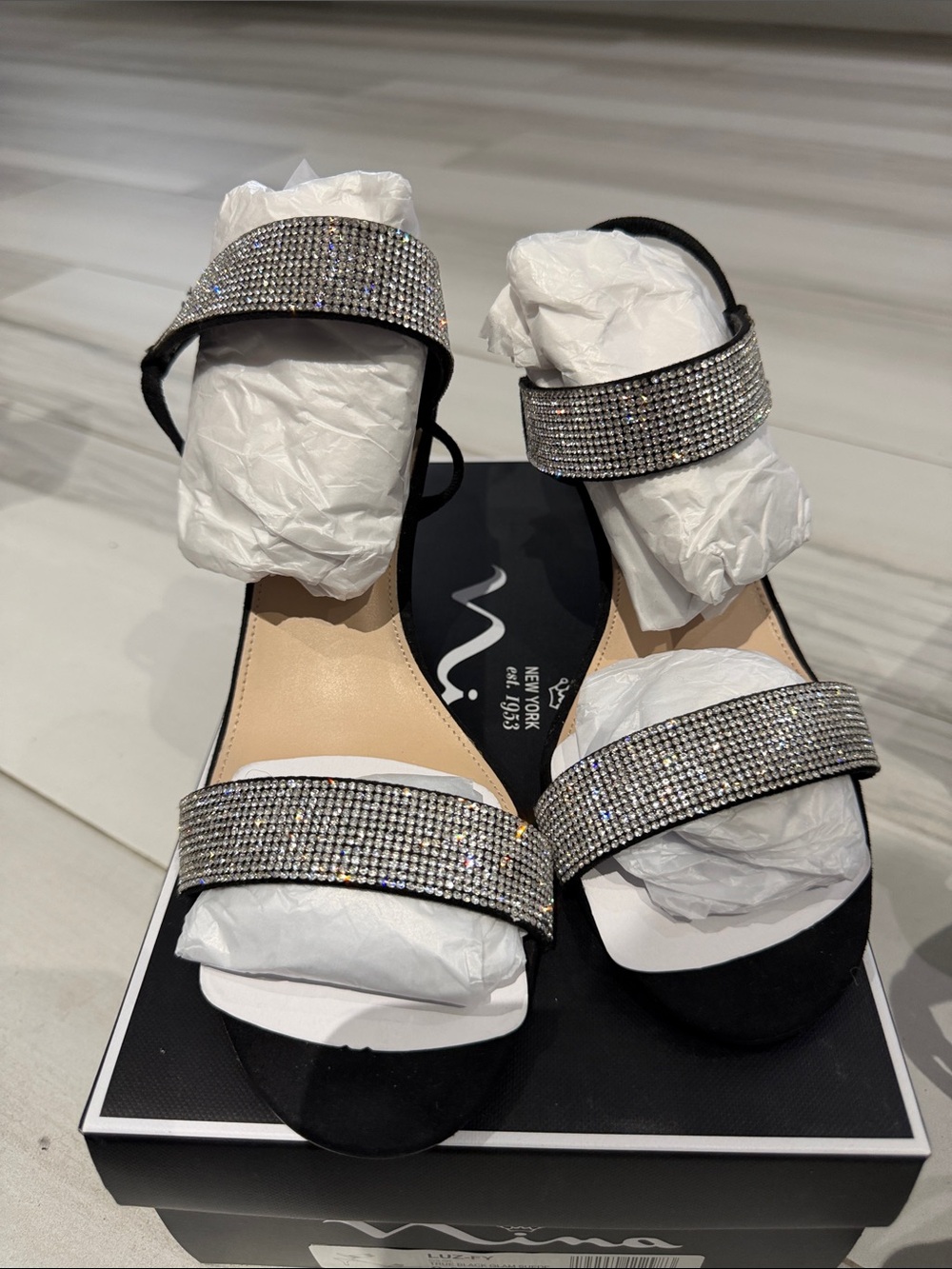 Nina Black Crystal-Embellished Strappy Heels